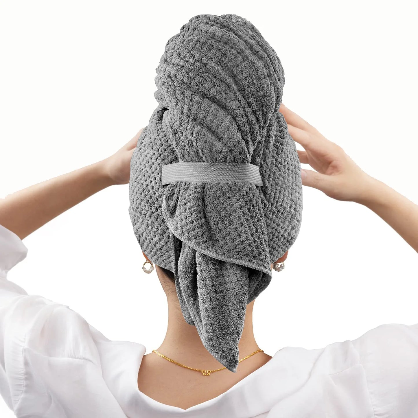 Large Microfiber Hair Drying Towel – Soft, Quick-Drying Towel Wrap with Elastic Strap for Water Absorption and Easy Hair Care. Ideal for All Hair Types