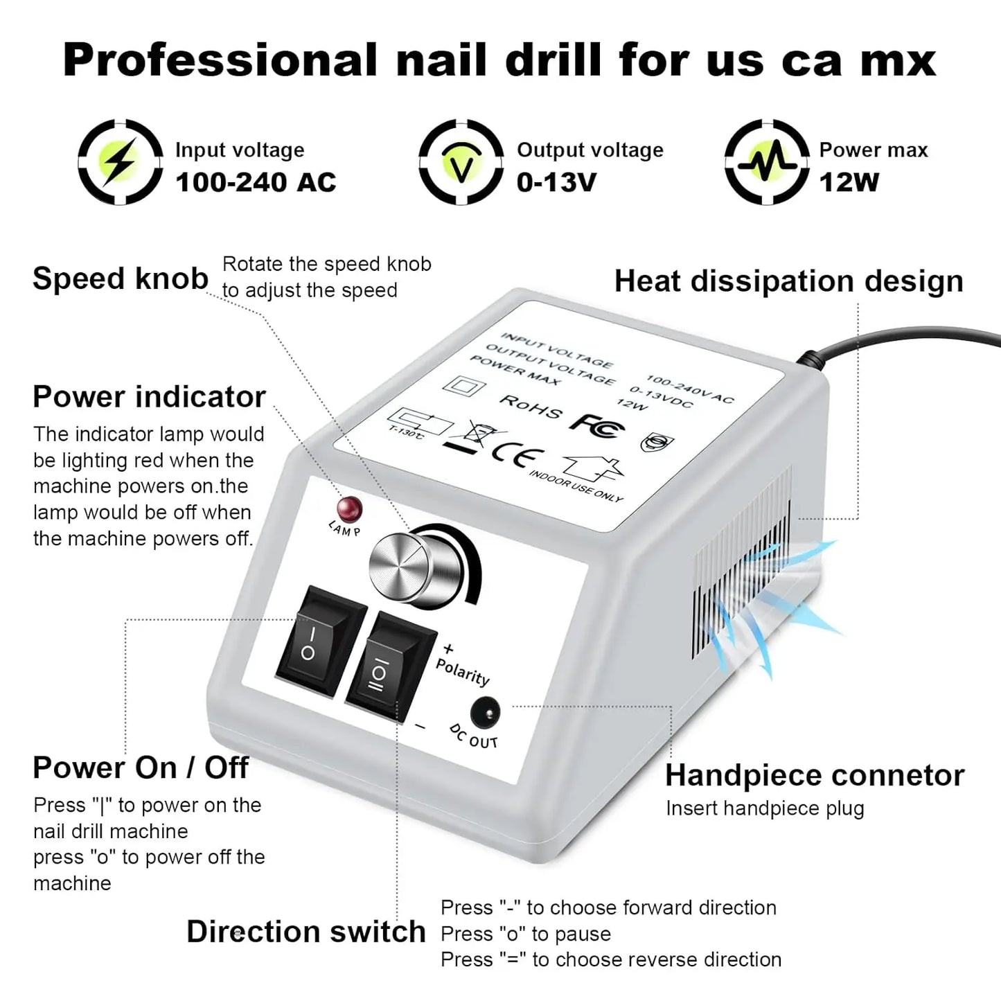 Professional Electric Nail Drill Machine – Low Noise Electric Nail Sander and File for Acrylic Nails, Gel Art, and Manicures