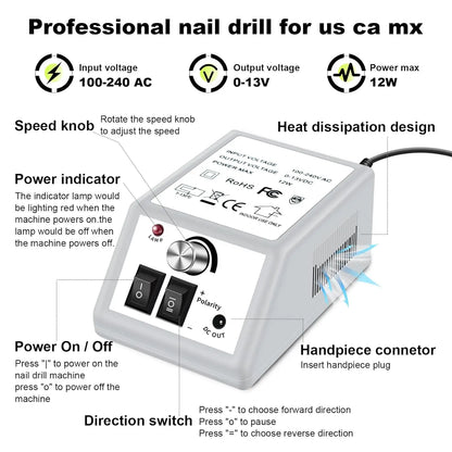 Professional Electric Nail Drill Machine – Low Noise Electric Nail Sander and File for Acrylic Nails, Gel Art, and Manicures