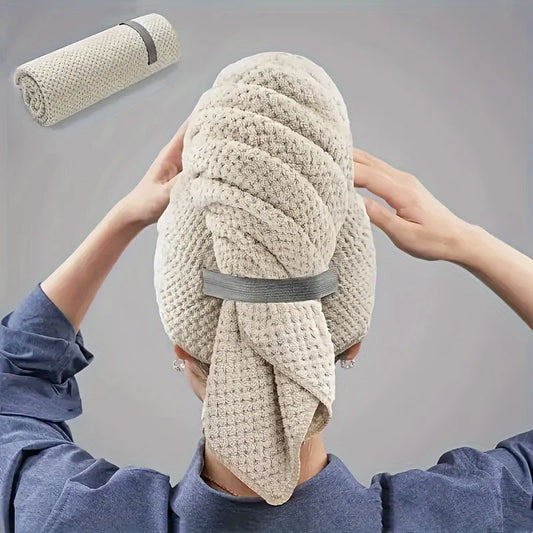 Large Microfiber Hair Drying Towel – Soft, Quick-Drying Towel Wrap with Elastic Strap for Water Absorption and Easy Hair Care. Ideal for All Hair Types
